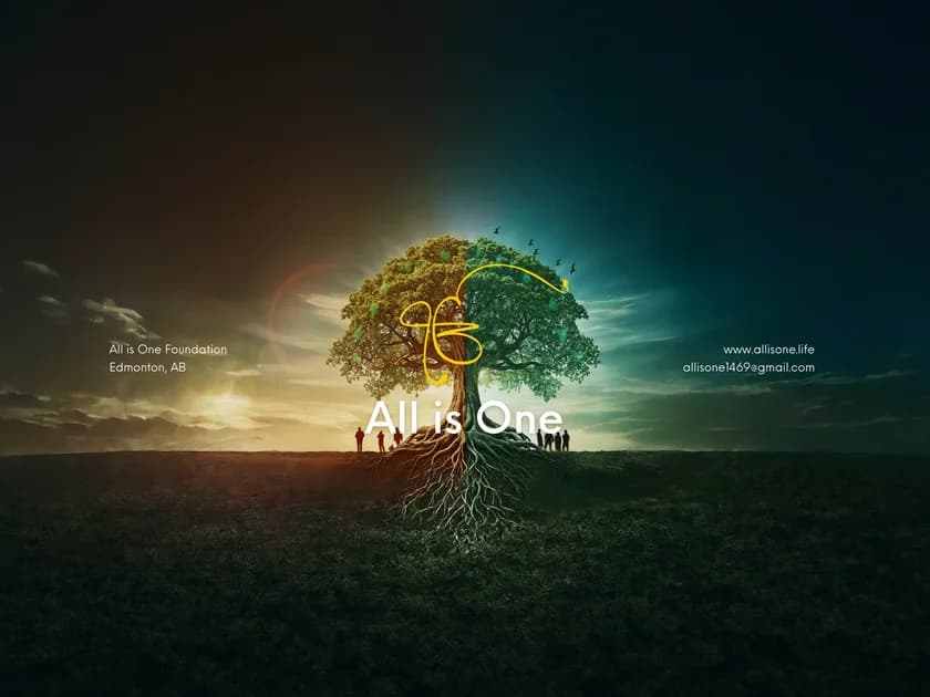 A tree with the Ik Onkar in its branches and roots spreading beneath people standing on a hill at dawn