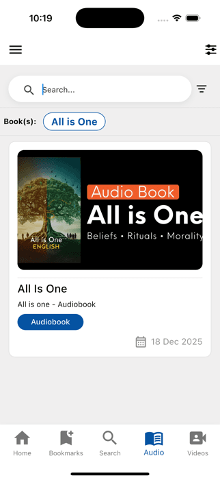 The All is One app, audio books screen