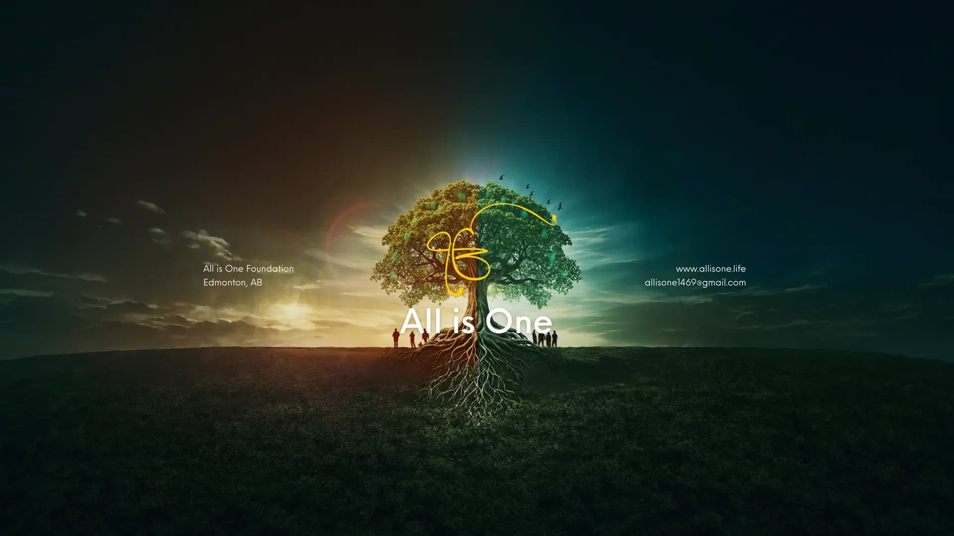 A single tree on a hill at dawn, half golden and half green, with the Ik Onkar in its branches and roots spreading beneath the people standing around it
